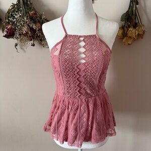Rue21 Boho/Fairycore Rose Pink Lace Crochet Halter Peplum Top